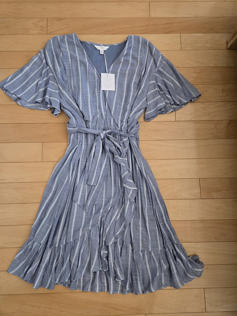 Lauren Conrad Blue Striped Wrap Midi Dress with Ruffle Hem